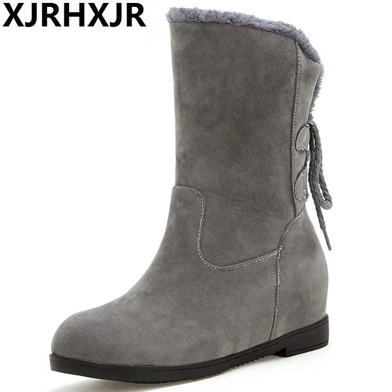 

XJRHXJR Fall Winter 5cm Height Increas Boot Plus Velvet Warm Shoes Woman Flat Platform Mid-calf Suede Leather Boots Large Size