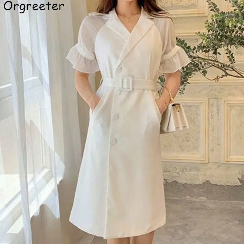 

New 2019 Solid Elegant Notched Collar Office Work Dresses Women White Business Blazer Long Mid-calf Dress