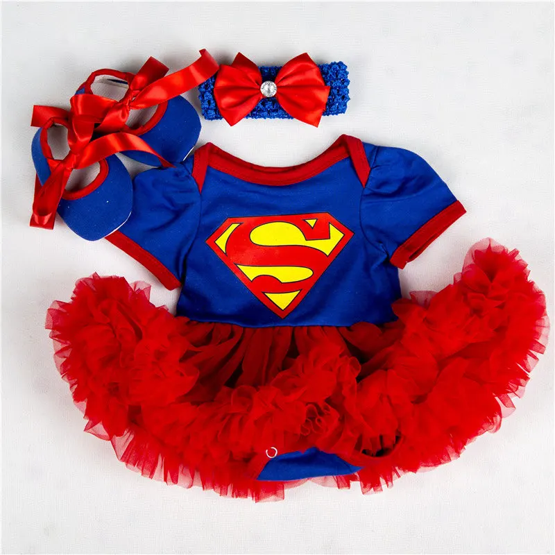 Милое Платье-комбинезон для новорожденных девочек; костюмы для первого дня рождения; синие рождественские комплекты «Супермен»; кружевной комбинезон-пачка; обувь с повязкой на голову