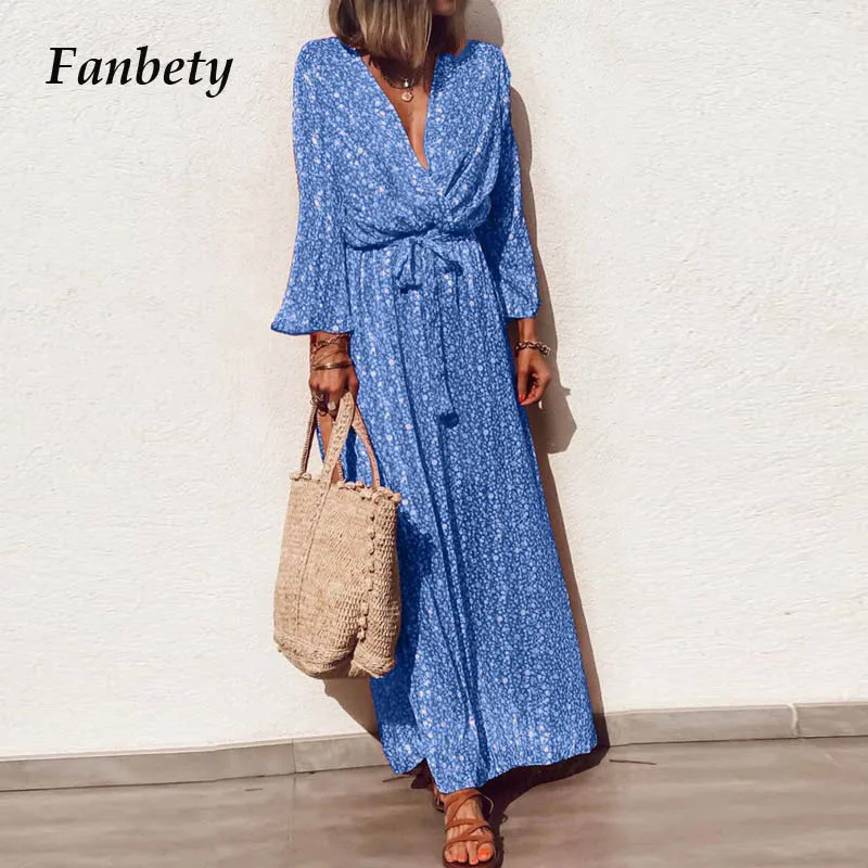 

Fanbety 5XL Women Autumn Floral Print Long Dress Ladies Summer Sexy V neck Maxi Boho Dress Elegant Sashes Party Dress vestidos