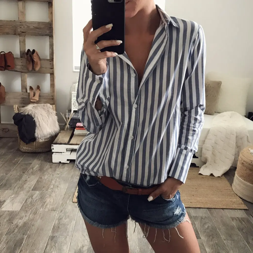 Blouses Casual Shirt Women Striped Blue And White Blouse Women Long Sleeves Blouse Female Shirt