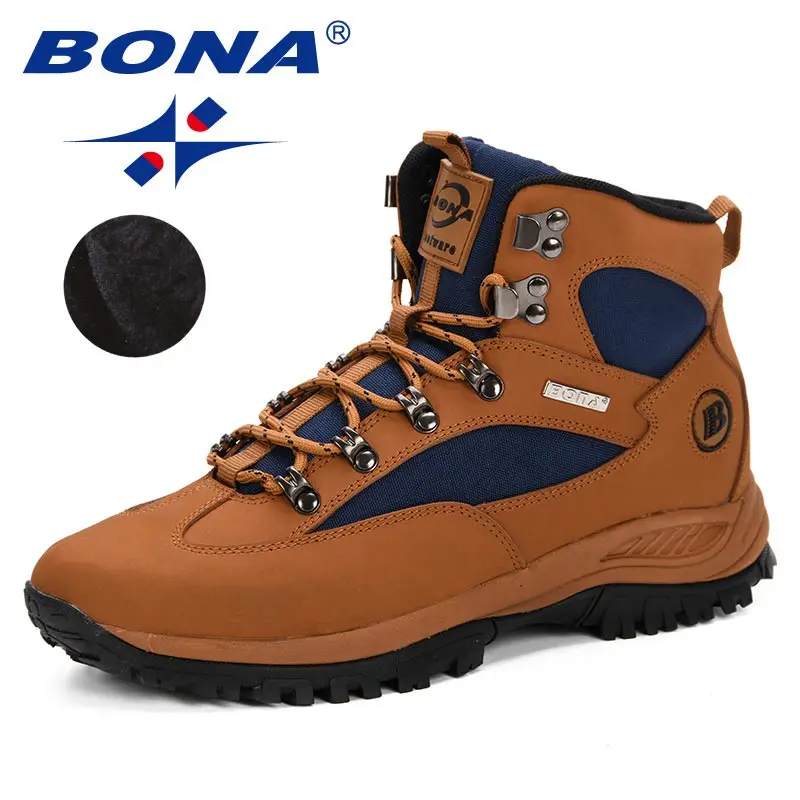 BONA/; зимние мужские ботинки из натуральной кожи; теплые зимние ботинки на шнуровке; мужские зимние ботинки; Рабочая обувь; Мужская обувь; резиновые ботильоны - Цвет: LIGHT BROWN PLUSH