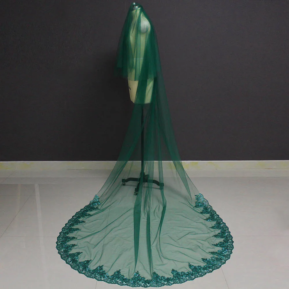 

Green Wedding Veil with Glitter Lace 2 Tiers 3 M Long Muslim Bridal Veil with Comb with Blusher Accessories for Bride