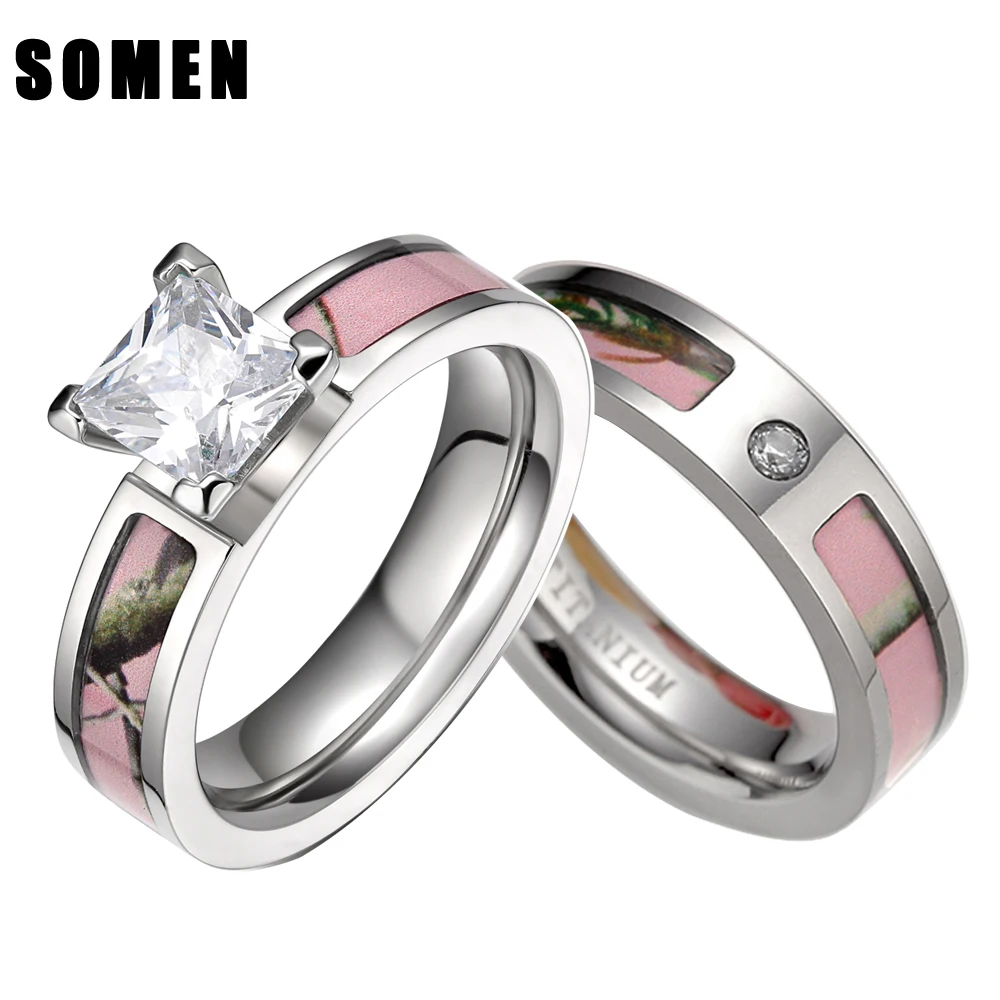 pink tree camo inlay titanium couple ring set women cubic zirconia wedding band men engagement ring - Camo Wedding Rings With Real Diamonds pink tree camo inlay titanium couple ring set women cubic zirconia wedding band men engagement ring - Camo Wedding Rings With Real Diamonds