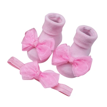

Toddler Baby Girls Infant Solid Color Lace Bow-knot Applique Anti-slip Terry Socks For Girl + Bow Hair Belt Set 0-24 Month A20