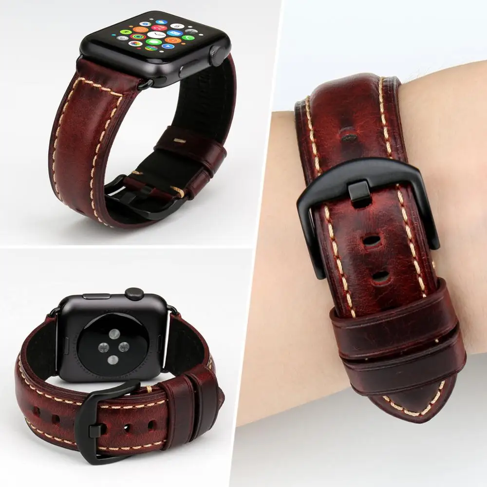 Ремешок MAIKES кожаный для Apple Watch 38 мм 42 Series 4 3 2 1 винтажный браслет наручных часов 44 40