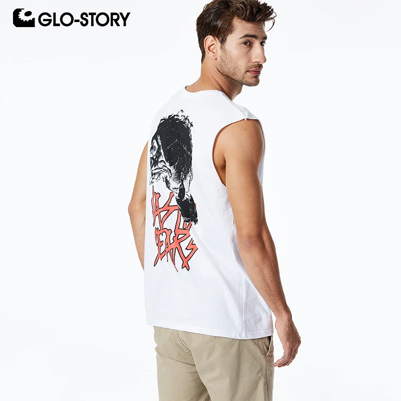 

GLO-STORY Men's 2019 New 100% Cotton Fitness Clothing Skull Style Gym Clothing Summer Skateboard Casual MBX-8520