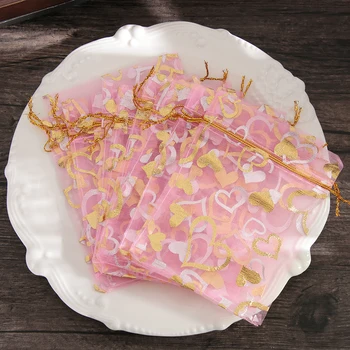 

10Pcs Heart Organza Gift Bag Cute Candy Package For Wedding Favor Drawstring Pouch Jewelry Bright Party Decora 7*9/9*12/13*18cm