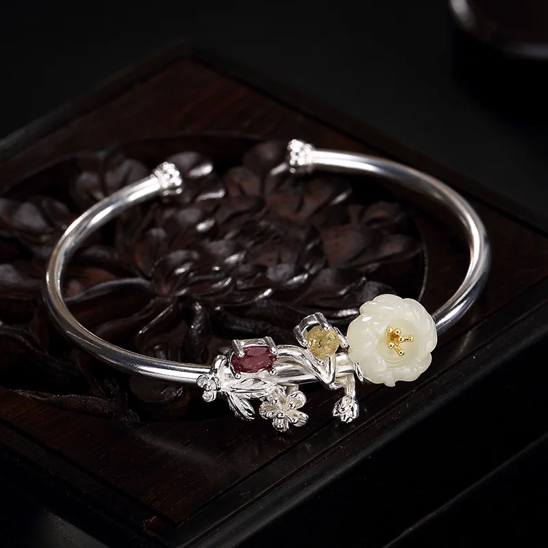 natural jade flower S925 silver bangle for women 2