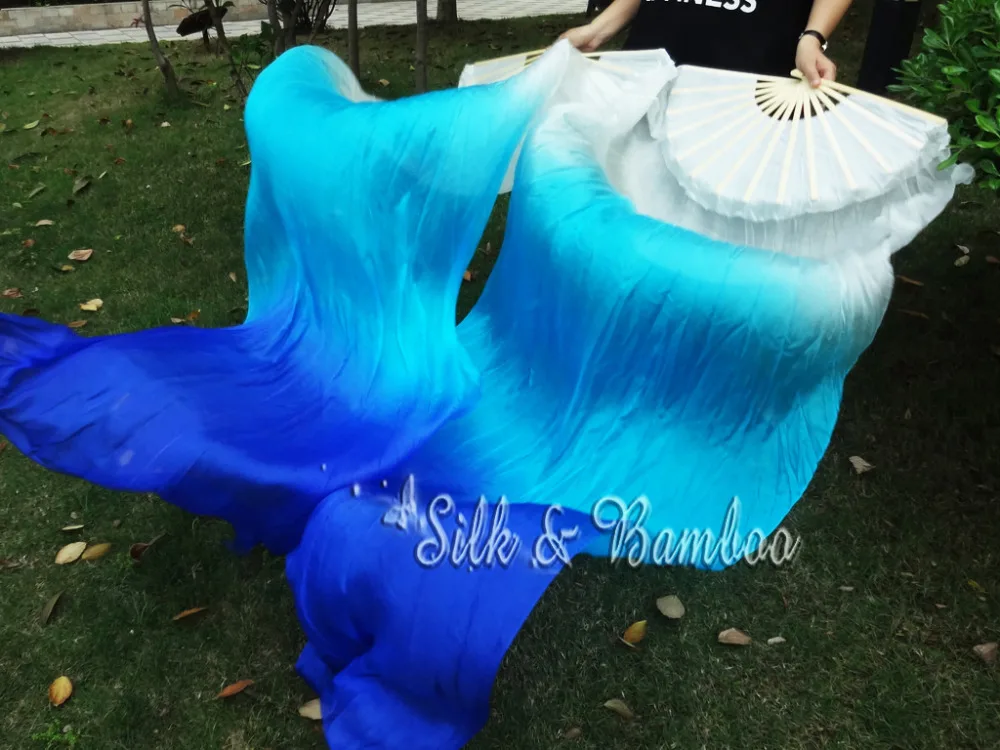 1 pair dark blue-peacock green-yellow green 59/"x35/" belly dance silk fan veil
