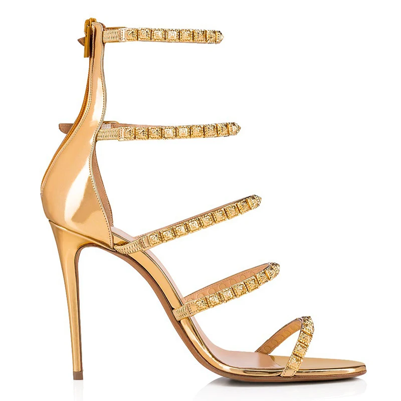 Новинка босоножки на высоком каблуке с ремешками золотистые сандалии шипами