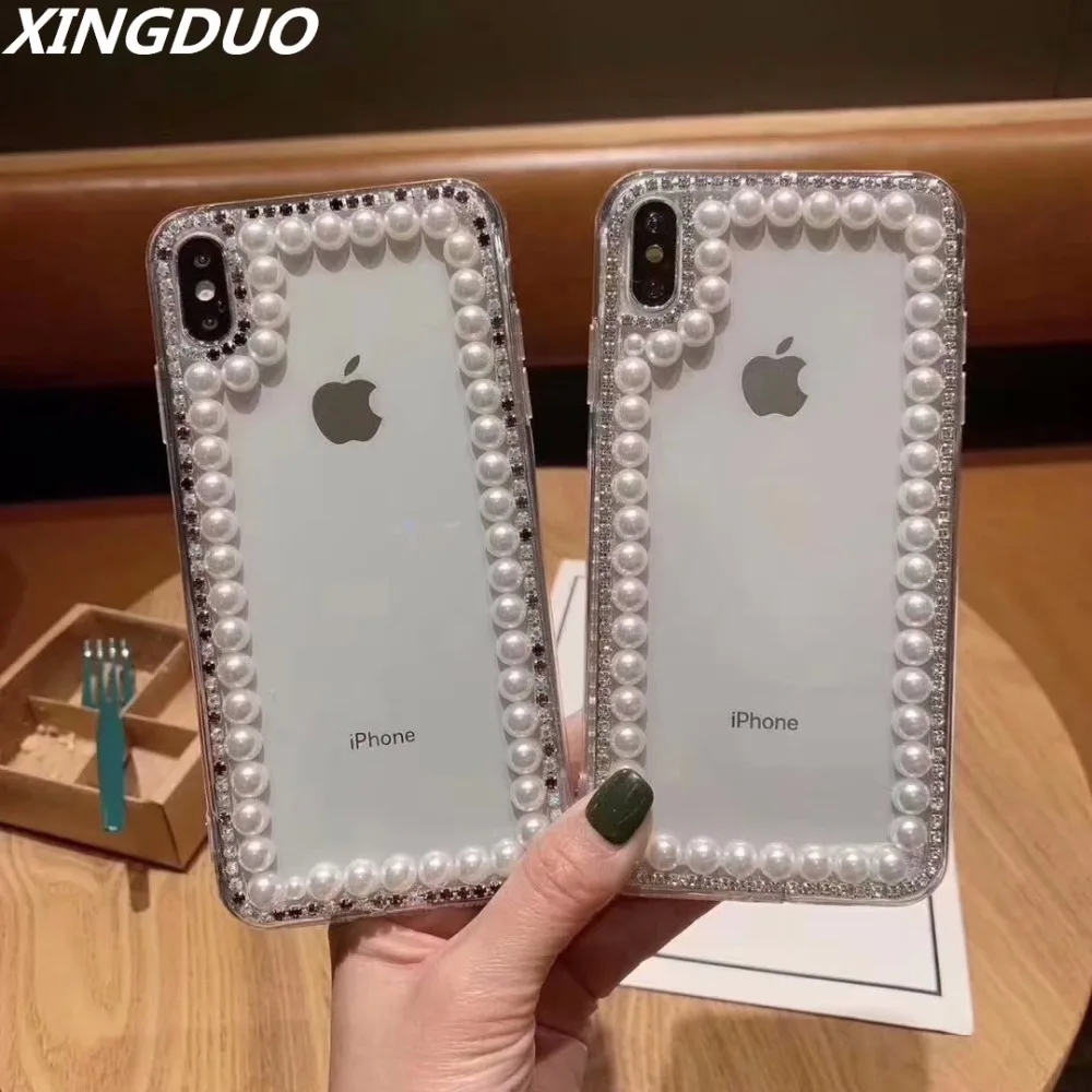 

XINGDUO Bling Jewelled luxury Pearl Mobile phone shell Transparent cover for iphone X XS XR XS MAX 5 5S 6 6S 7 8 Plus soft case