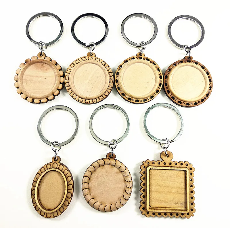 

24pcs wood cabochon settings 25mm 18*25mm inner size blank cameo keychain base trays with Metal buckle for keyring making