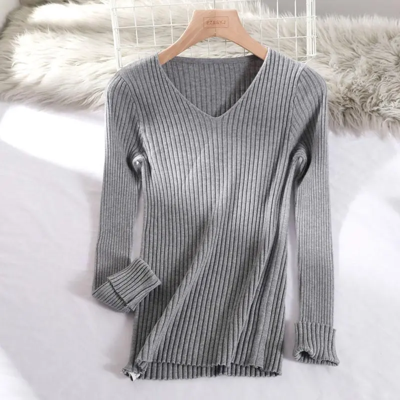 Базовый Однотонный свитер с v-образным вырезом на осень и зиму, пуловер для женщин, женский вязаный свитер, тонкий свитер с длинным рукавом, дешевый свитер badycon - Цвет: Gray