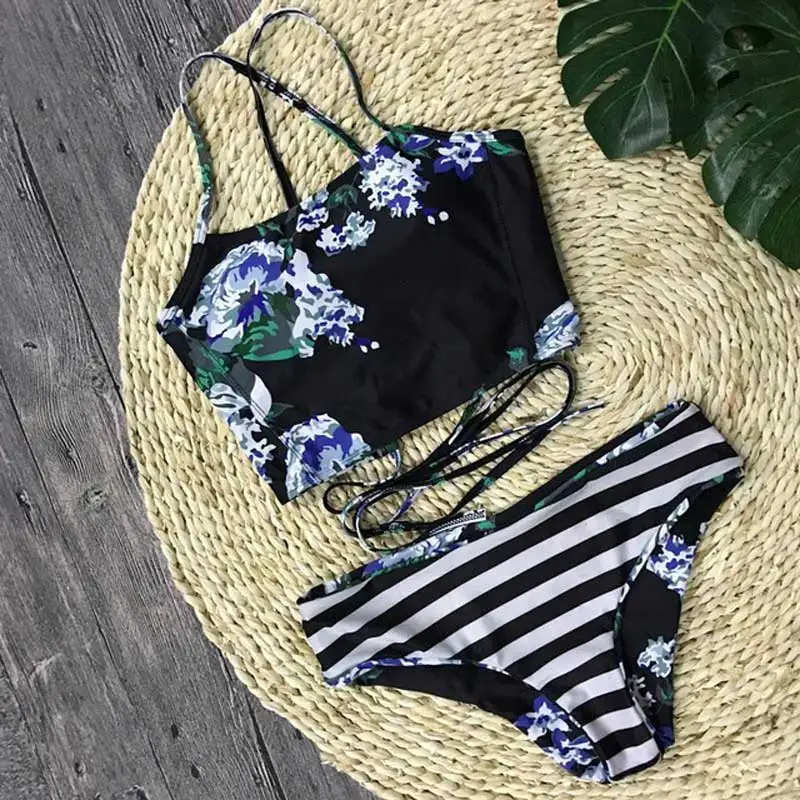 2018-Sexy-High-Neck-Bikini-Swimwear-Women-Swimsuit-Brazilian-Bikini-Set-Green-Print-Crochet-Bandage-Beach