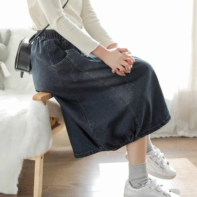 Spring Autumn Skirt Fashion Women Large size Denim skirt New Ladies Elastic Waist pocket Bleached Mori girl Casual Loose skirt