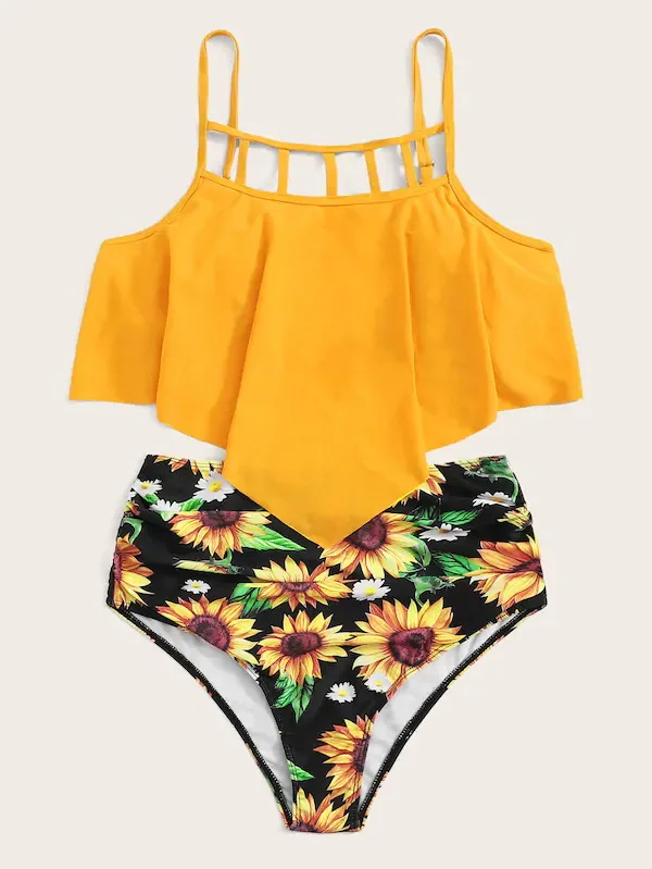 Swimwear Women Sunflower Print Ruffle Two Piece Swimsuit Female Halter Bathing Suit Beach High Waist Swimwear Banador Mujer