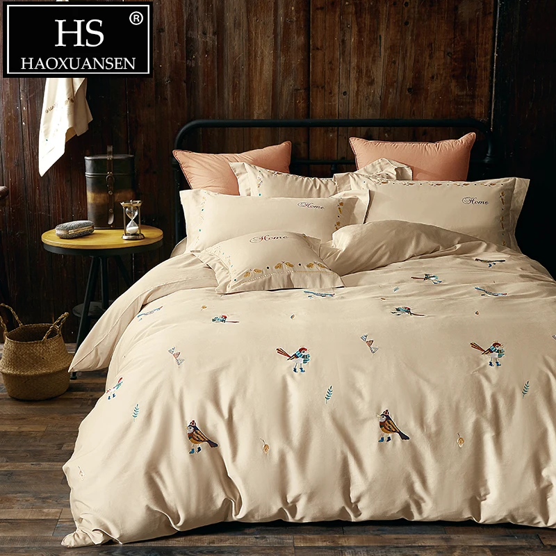

HS Nordic Style 60S Embroider 100% Egyptian Cotton Bedding Queen King Size 4Pcs Duvet Cover Bed Sheet Set Linens Pillowcase