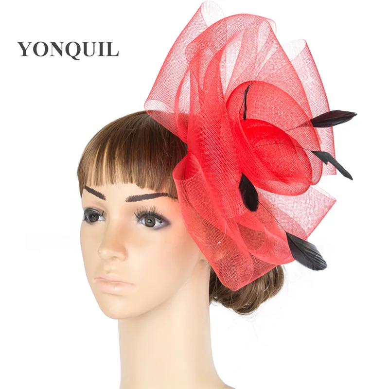 Розничная,, многоцветные головные уборы с перьями, сетчатые головные уборы, хорошее качество, женская свадебная Клубная Кепка MYQ076 - Цвет: Красный