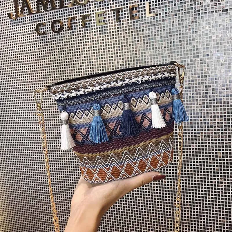 Summer Women Tassel Casual Straw Bags INS Popular Female Handbag Fashion Lady Chains Shoulder Bag Holiday Weave Crossbody SS3288 (11)