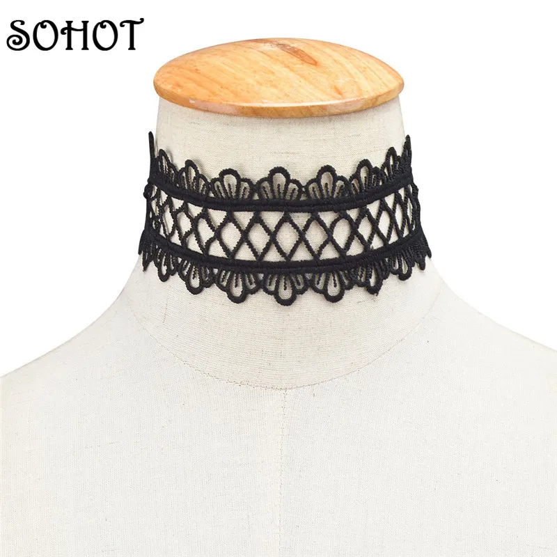 

SOHOT Women Chocker Black Hollow Lace Choker Necklace Goth Handmade Flower Tattoo Choker Necklaces Collares Mujer Jewelry