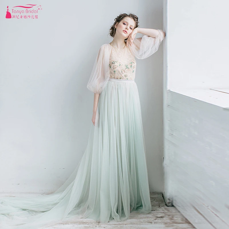 

Fairy Mint Green Wedding Dresses Bohemian Half Sleeve Romantic Bridal Gowns Summer Spring Beach Vestido De Noivas ZW200