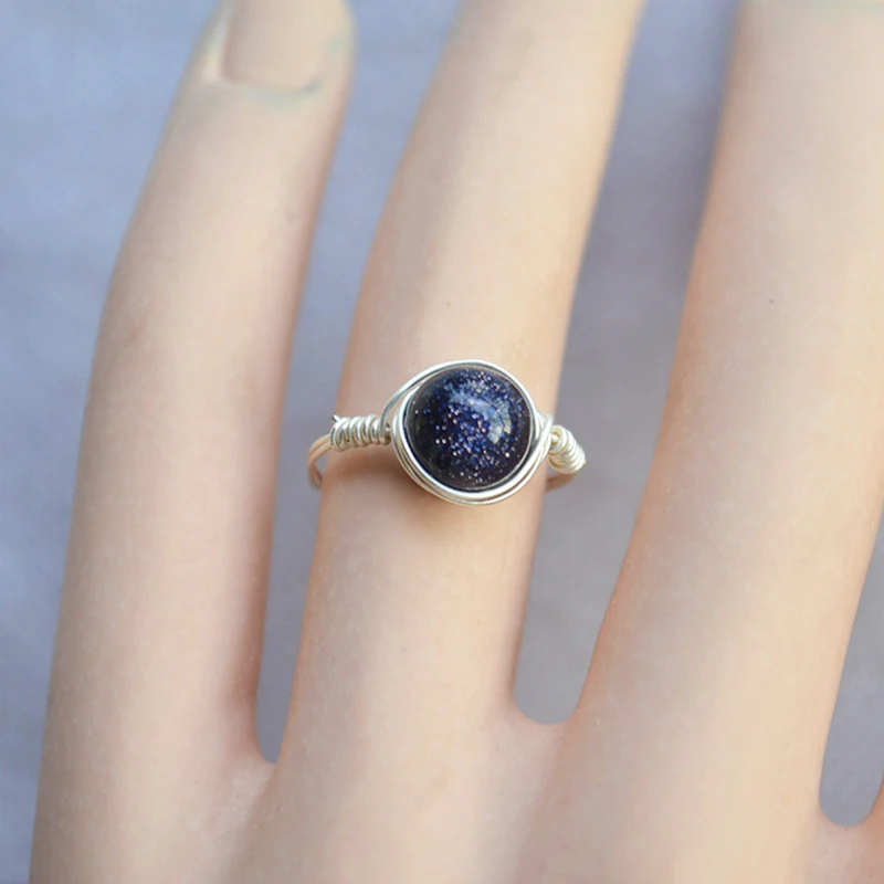 Синий Авантюрин Натуральный камень Solitaire 925 стерлингового серебра провод обернутый обручальные кольца для Для женщин