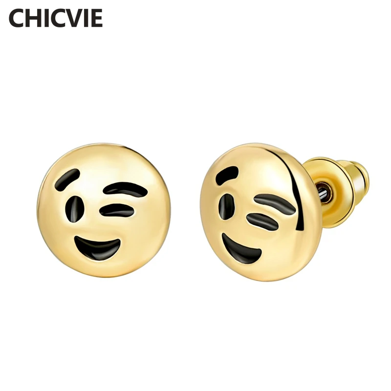 

CHICVIE Luxury Brand Black Emoji Smile Face Stud Earrings For Women 2017 Gold Plated Earrings Fashion Jewelry SER160150