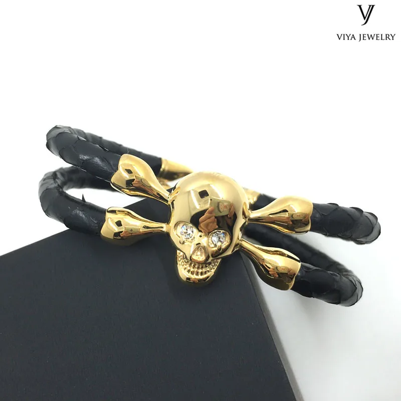 VJPT-071B--REAL-Python-skin-leather-with--18-k-gold-skull-bracelet-(2)