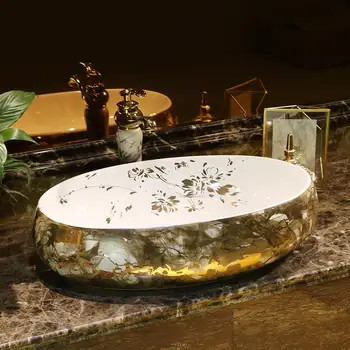

New design China Artistic golden painting Handmade Ceramic wash basin Lavobo Counter top bathroom sinks wash basin bowls