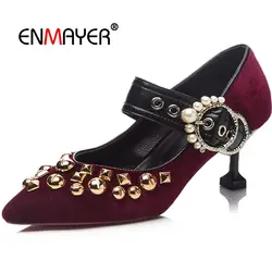 Enmayer/модная обувь из флока с острым носком, 2018 женская обувь, женские туфли-лодочки mary jane на высоком каблуке, размеры 34-40, LY472