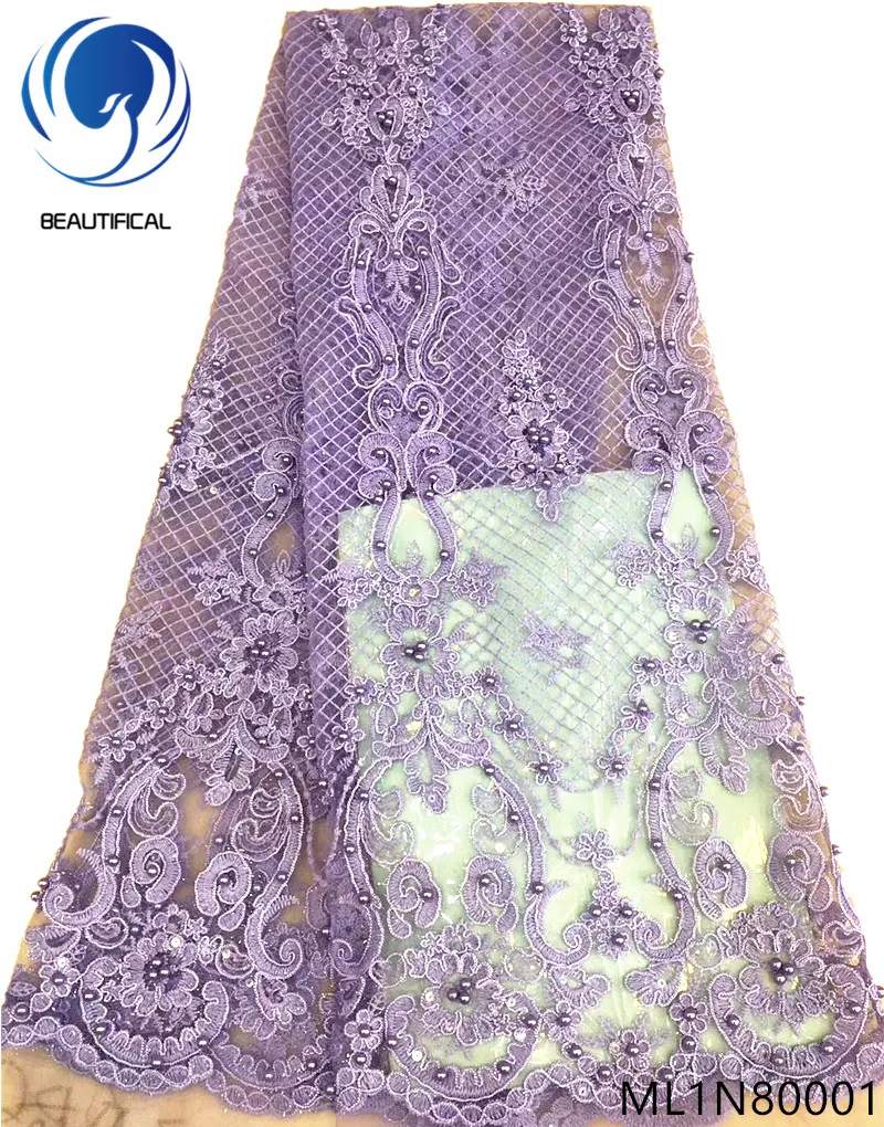 

Beautifical Nigerian lace fabrics 2019 Top sale embroidery beads net lace fabric with sequins lace fabric for dresses ML1N800