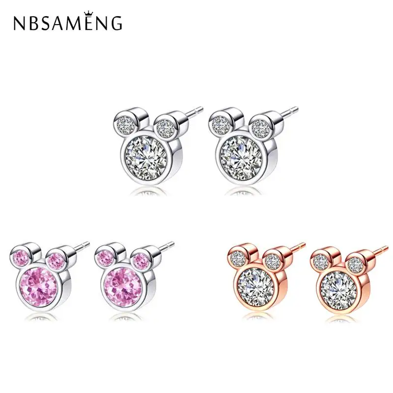 

Mickey Silver Stud Earring For Women Girls AAA Zircon Crystal Wedding Bridal Fashion Rose Gold Color Earrings Jewelry Making