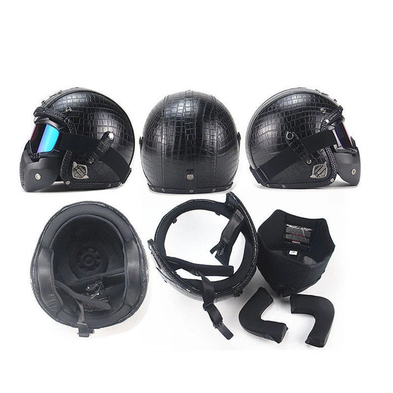 For Motorcycle Helmets 3/4 Open Helmet PU Leather + Goggle Mask Vintage Style