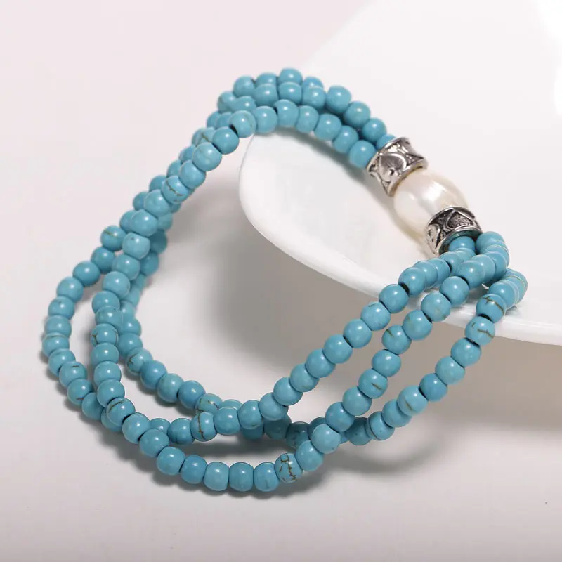 4 mm Turquoise with Baroque Pearls Bracelet, Vintage Style Elasticity Three Strand Bracelet