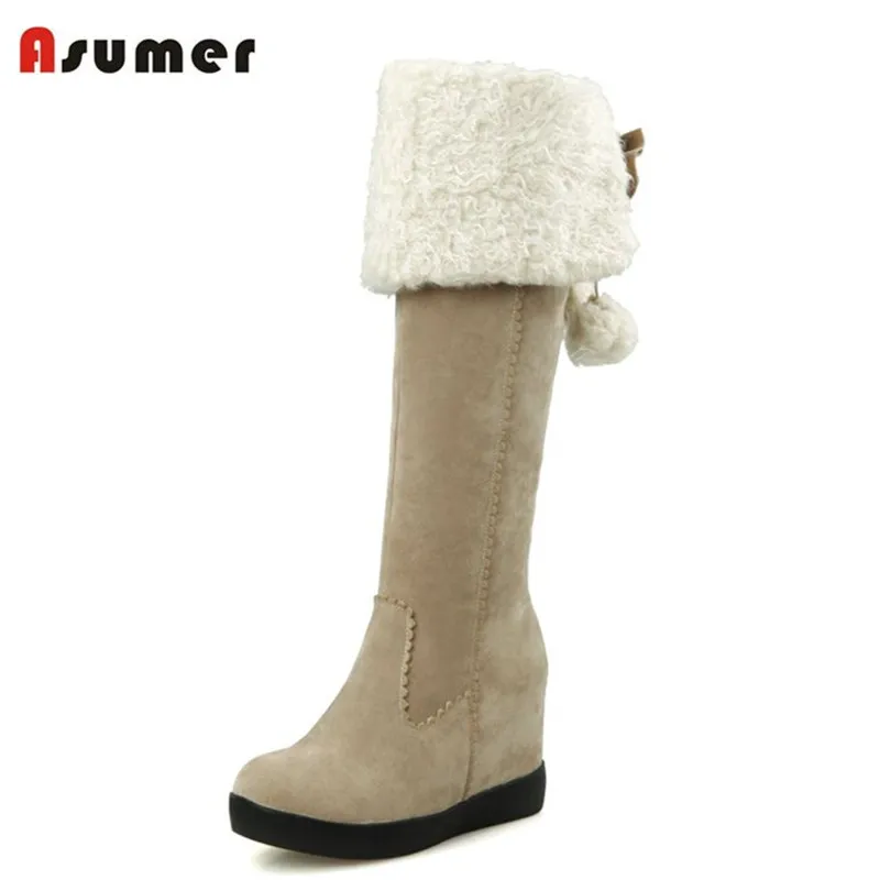 

ASUMER new arrival winter mid calf boots round toe height increasing high heels women winter shoes sweet bowtie fur snow boots