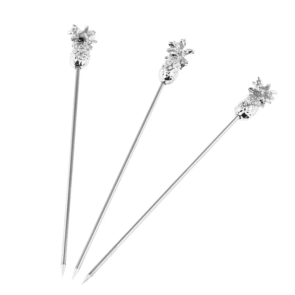 3PCS Stainless Steel Swizzle Sticks Fruit Pineapple Stick Cocktail Pick for Kitchen Bar Accessory Rose Gold