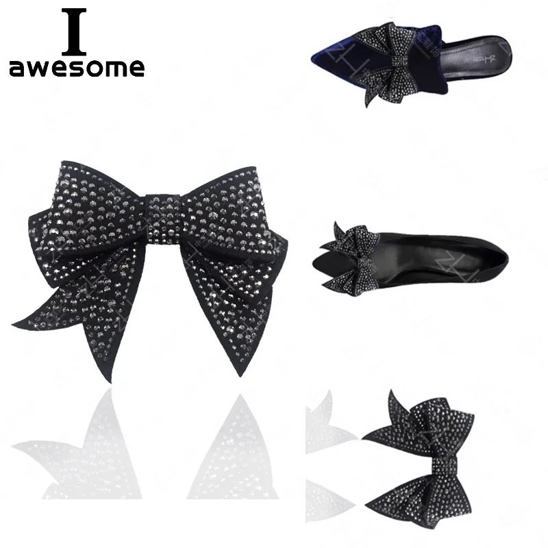 

Black Bow Rhinestone Bridal Wedding Party Shoes Accessories High Heels Sandals Boots Flats DIY Manual Shining Shoe Decorations