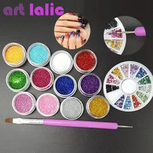 Manicure Set 12 Color Fine Glitter + 2 Way Nail Brush Dotting Tool + 1.5mm Rhinestones Wheel Container Nail Art DIY Kit
