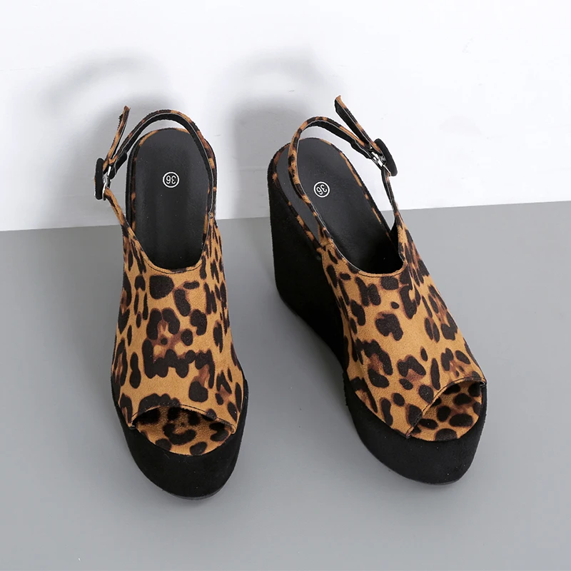 

Leopard Open Toe Wedges Sandal Wedges Woman Sapatos Platform Shoes Beach Sandalias Summer 13.5cm Ladies High Sandales