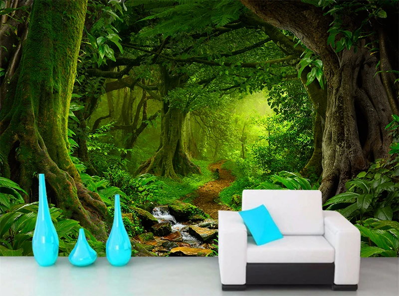 Пользовательские обои 3D эффект леса водопад деревья джунгли природа современный лесной путь стены стикеры гостиная спальня росписи