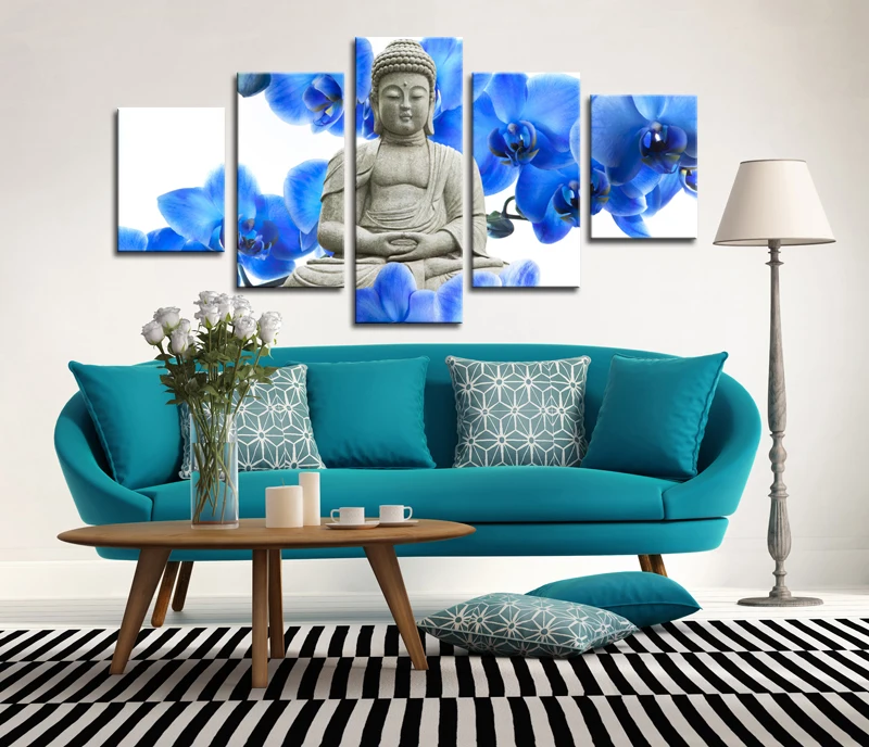 

Blue Flowers and Statue Buddha Paintings for Living Room Wall Oil Painting Buddha Canvas Art 5 panel Printed Pictures Unframed