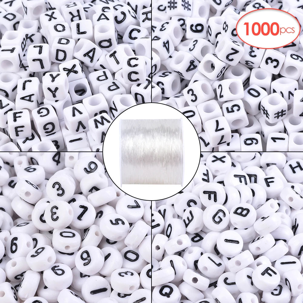 

1000pcs 4 Styles DIY Acrylic Alphabet Letter And Number Beads For Jewelry Making Bracelets With 50M String Cord
