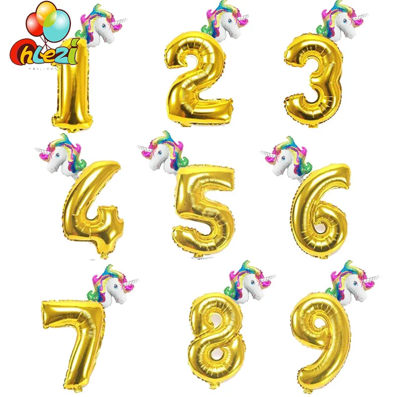 32 дюймов золотое серебряное число фольга Воздушные шары Корона Единорог Микки и Минни День Рождения украшения дети цифра материалы для вечеринок с шарами