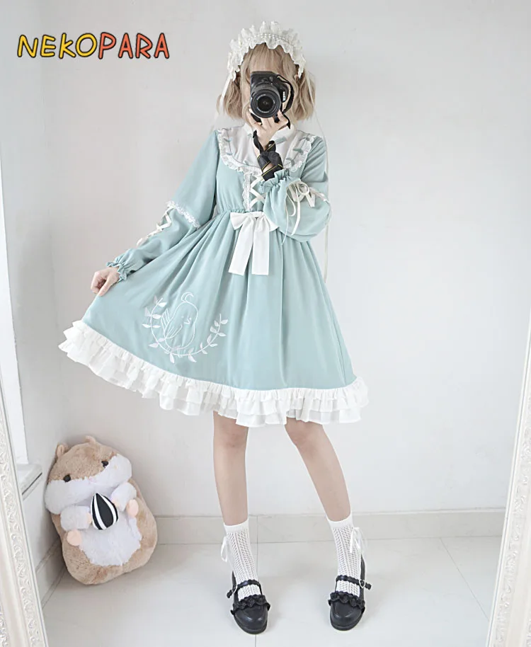 

Poem of Leaf Cute Women's Lolita OP Dress Autumn Long Sleeve Mandarin Collar Grass Green Dress One Piece