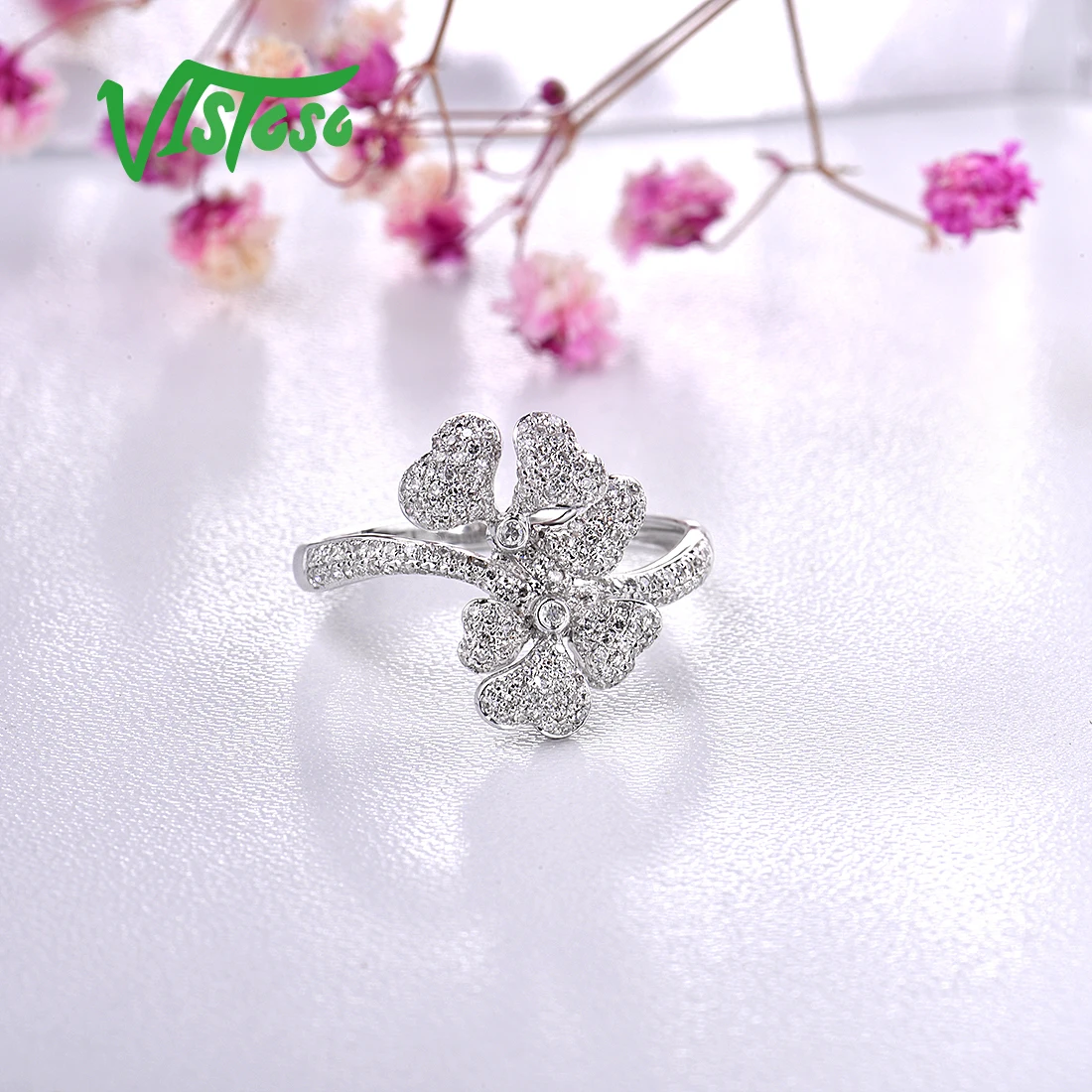 VISTOSO 14K585 кольца из белого золота для леди подлинное кольцо с цветком сверкающие