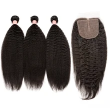 Kinky Straight Brazilian Remy Hair Human Hair Bundles With Closure 3 Bundles Hair Extensions 4×4 Silk Base Lace Closure CARA