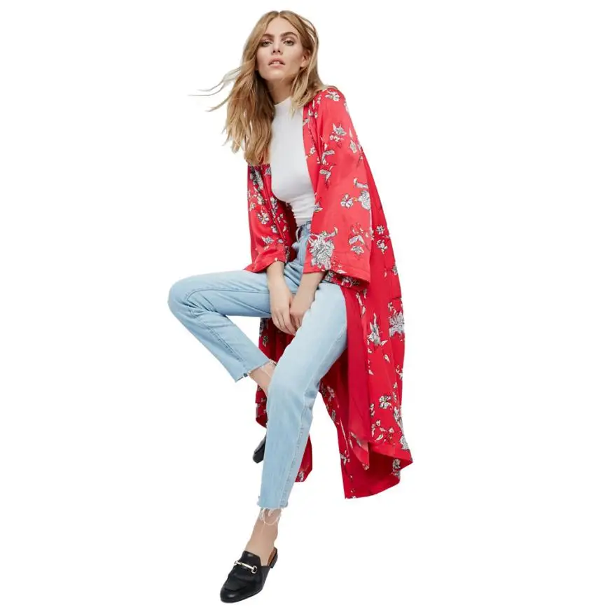 

FEITONG Women Cardigan 2017 Chiffon Red Color Floral Irregular Tops Long Sleeve Long Kimono Cardigan Shirts Tunic Coat