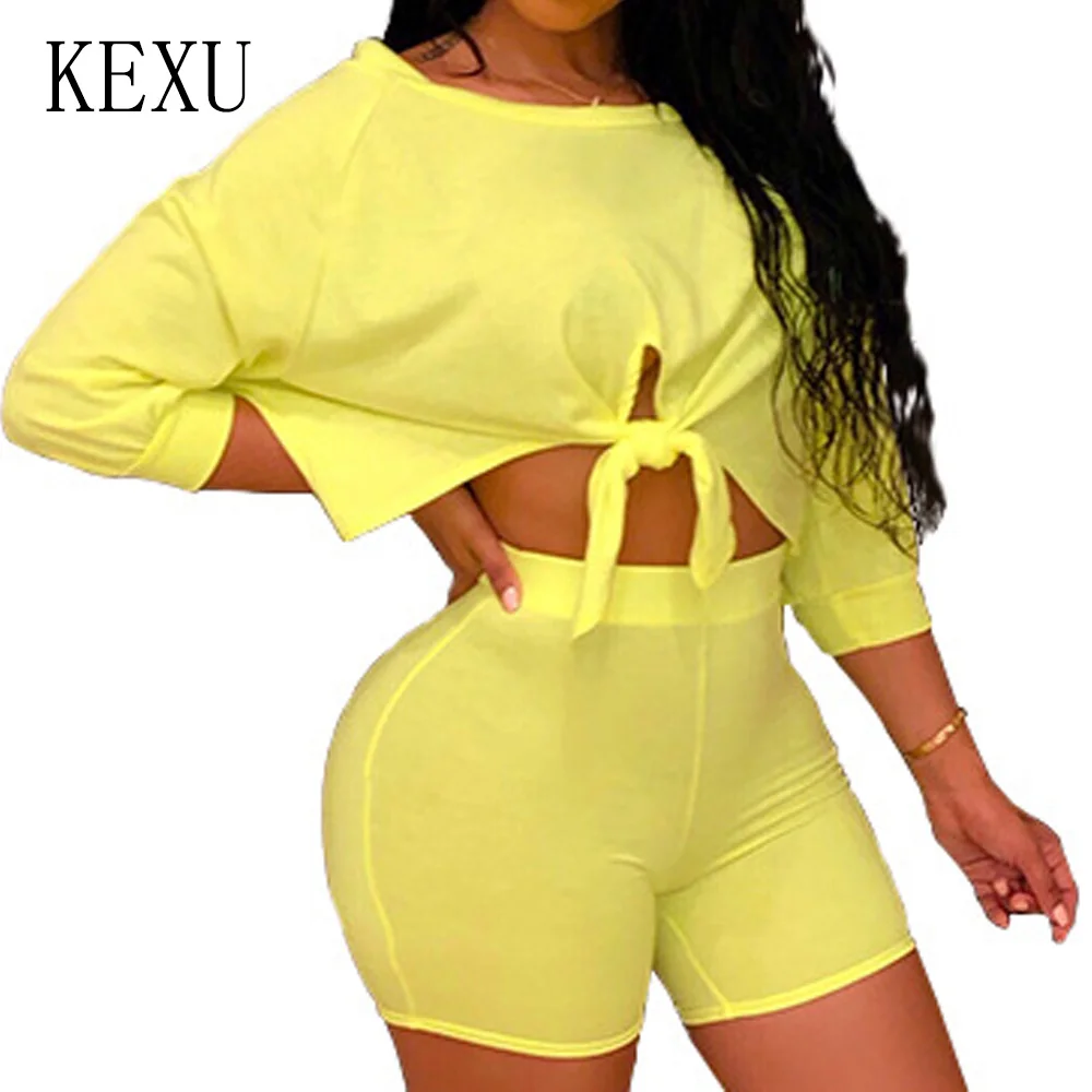 

KEXU Women Summer O Neck Half Sleeve Two Piece Sets Sporting Jumpsuits Sexy Hollow Out Lace Up Casual Bodysuit Female Sportswear
