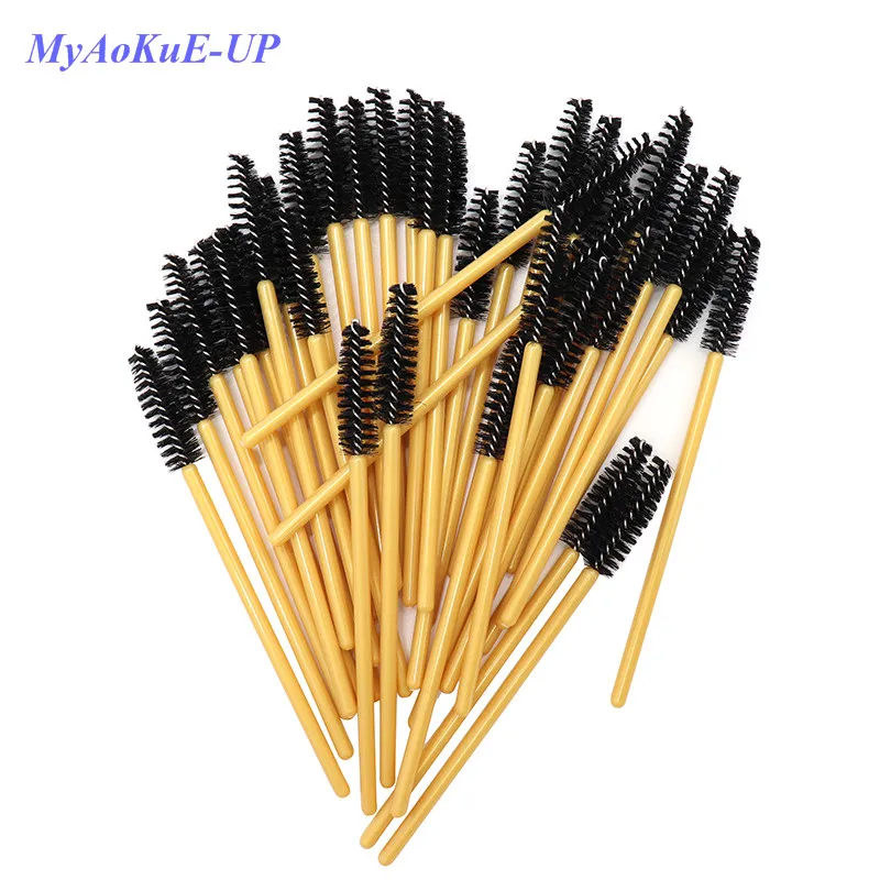 

200pcs/lot Disposable Mascara Wands Golden Handle Black Brushes Lashes Nylon Makeup Brushes Eyelash Extension Tools